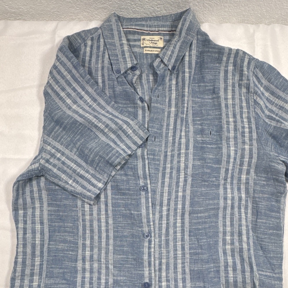 Weatherproof Vintage Men's L Regular Linen/Cotton Woven Blue Stripe SS Button-Up - Picture 2 of 7